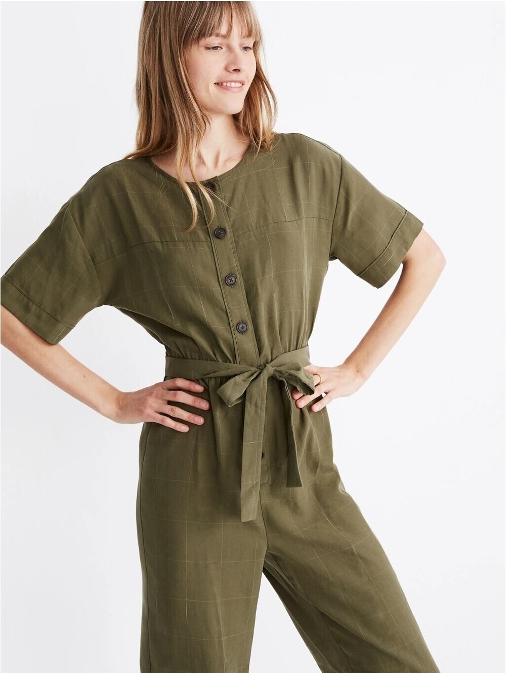 Madewell Short Sleeve Belted Jumpsuit Green/kale/forest Green Sz Small
